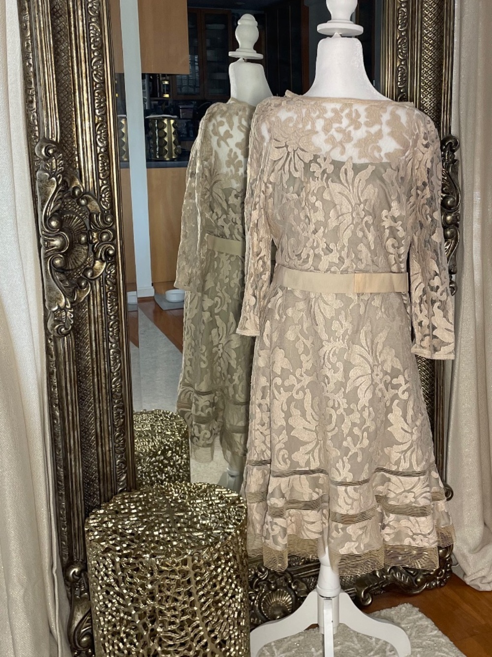 Tadashi Shoji Women’s Lace Overlay Dress 3/4 Sleeve Taupe color Fit & Flare